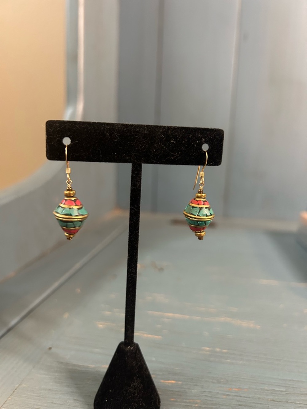 Vintage Tibetan Hand Crafted Turquoise, Red Coral & Gold Bead Drop Earrings